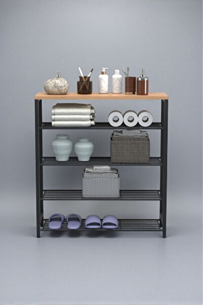 ehven 5 Raflı Siyah Metal Ahşap Fonksiyonel Dekoratif Çok Amaçlı,Banyo Rafı,M...