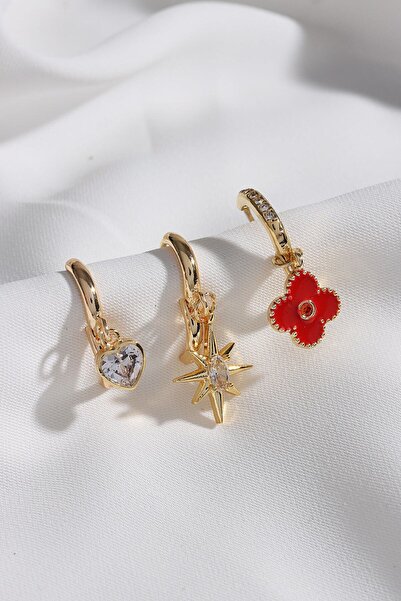 LA PERRY ACCESSORIES 3 قطع من الأقراط الذهبية الزهرية الحمراء