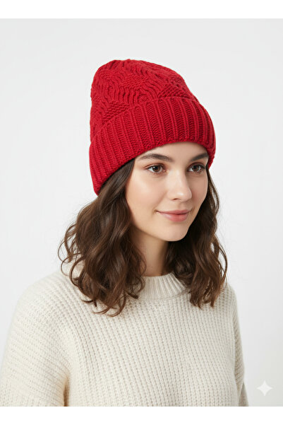 Net Tekstil Kırmızı Örme Yün Kışlık Bere Unisex Rahat Şapka Katlamalı