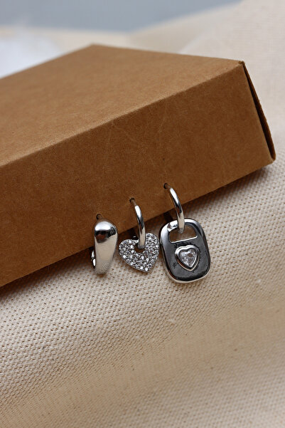 LA PERRY ACCESSORIES 3-PIECE ZIRCON STONE HEART FIGURE VIP SILVER EARRINGS