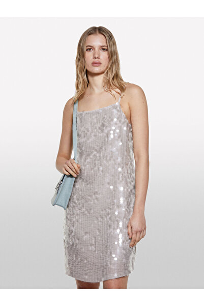 Sisley Women's Sequined Chiffon Straight Neck Strap Short Dress 325P4Z5Jlv07G-Sis3P6