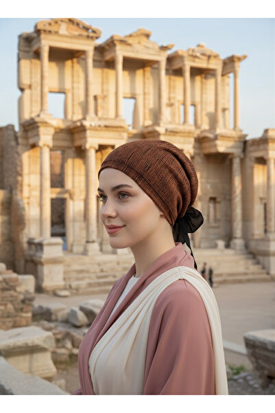 elysianfidan Πολυτελές Μαύρο-Χάλκινο Τουρμπάν Τεσσάρτο Προκατασκευασμένο Μαντίλι Μουσουλμανικό με Λεπτομέρεια από Σιφόν στο Πίσω μέρος