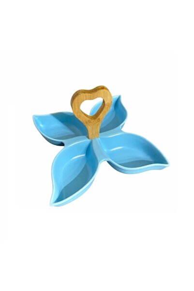 OEM Ceramic serving platter with wooden handle, 4 compartments, blue, 20.5x20.5x15 cm