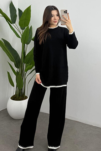 Bipantolon Women's Black Shepherd Stitched Sweater and Trouser End Corded Fabric Look Knitwear Suit with Trousers