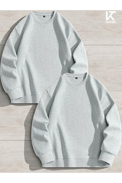 Karatopak 2'li مبطن بالصوف سويت شيرت برقبة دائرية قصة فضفاضة للجنسين