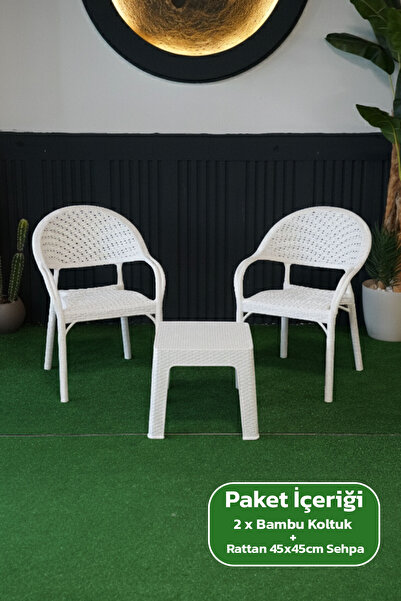 Alezy Bambu Plastik Rattan Görünümlü Sehpalı Set 2 Adet Koltuk + 45 cm Sehpal...