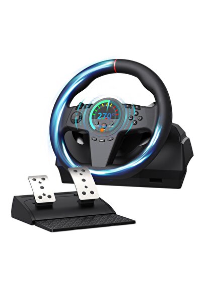 FlashHawk عجلة قيادة للكمبيوتر الشخصي، عجلة قيادة سباق بزاوية 270 درجة مع دوا...