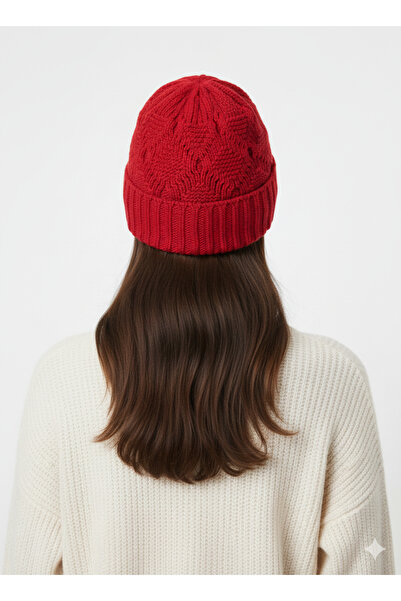 Net Tekstil Kırmızı Örme Yün Kışlık Bere Unisex Rahat Şapka Katlamalı