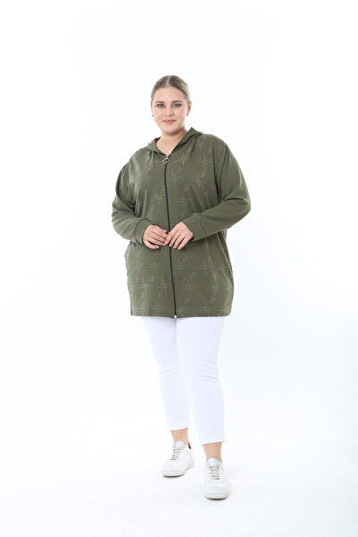 XL Modam Women Stretch Fabric Hooded Stone Printed Khaki Plus Size Cardigan