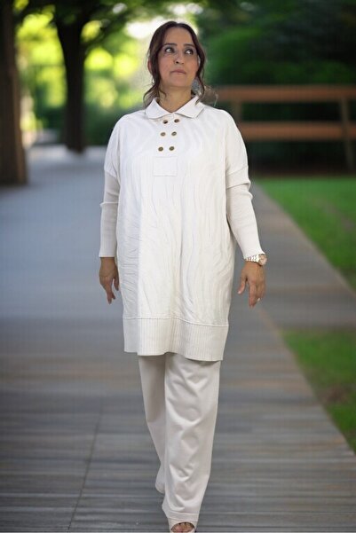 yagmurberen Gold Button Detail Polo Neck Tunic Elastic Waist Pants Plus Size Mercherized Suit