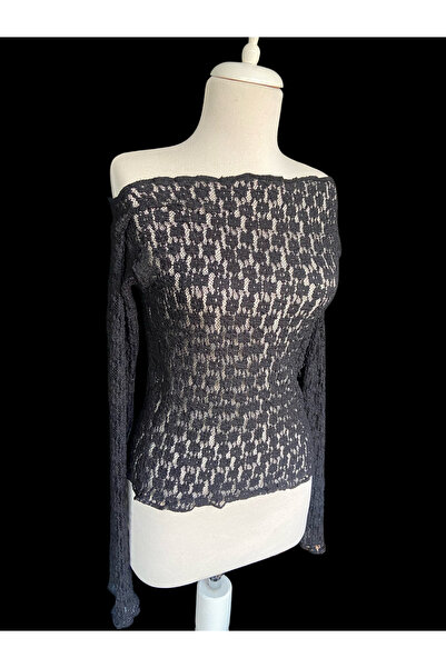 ANMENA Siyah Dantel Kayık Yaka Bluz