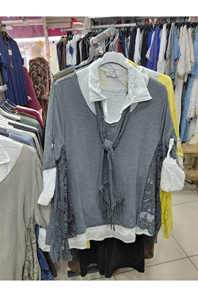 Tuana Otantik Casual Knitwear Set with Built-In Shirt and Lace Detail