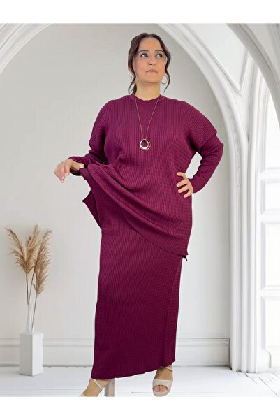 yagmurberen Hair Braiding Pattern Circular Necklace Long Sleeve Blouse Elastic Waist Skirt Plus Size Mercerized Double Set