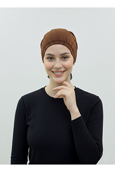 elysianfidan Πολυτελές Μαύρο-Χάλκινο Τουρμπάν Τεσσάρτο Προκατασκευασμένο Μαντίλι Μουσουλμανικό με Λεπτομέρεια από Σιφόν στο Πίσω μέρος