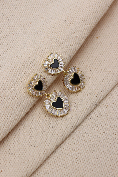 LA PERRY ACCESSORIES Black Enamel Heart Figure Trapezoidal Stone Gold Color E...