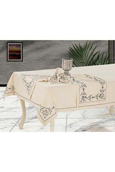 OIKA HOME: SPECİAL 26 PARÇA 12 KİŞİLİK YEMEK MASASI TAKIMI-NAKIŞLI KETEN DERT...