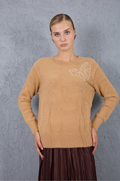 Moda Days Pulover de tricotat B guler rotund pentru femei, bej, cu broderie c...