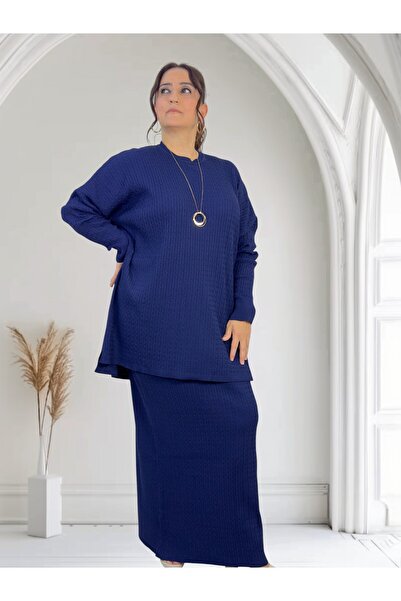 yagmurberen Hair Braiding Pattern Circular Necklace Long Sleeve Blouse Elastic Waist Skirt Plus Size Mercerized Double Set