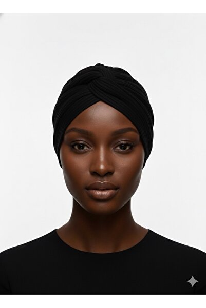 elysianfidan Agraf Pleated Black Ready-To-Wear Turban Hijab Bonnet