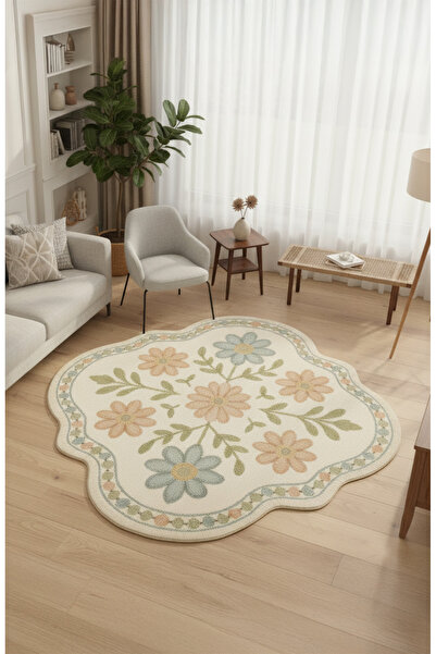 Markaev Krem Çiçekli Motifli Özel Kesim Dokuma Taban Halı 449 YNG