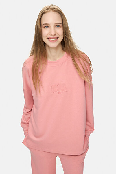 UCLA Elowen Pink Crew Neck Seersucker Print Loose Fit Women's Sweatshirt