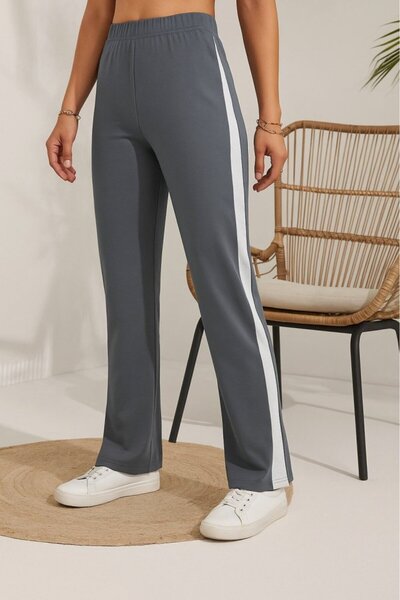 Gökyüzü Moda Women's High Waist Side Striped Detail Slit Viscose Two Thread Pants