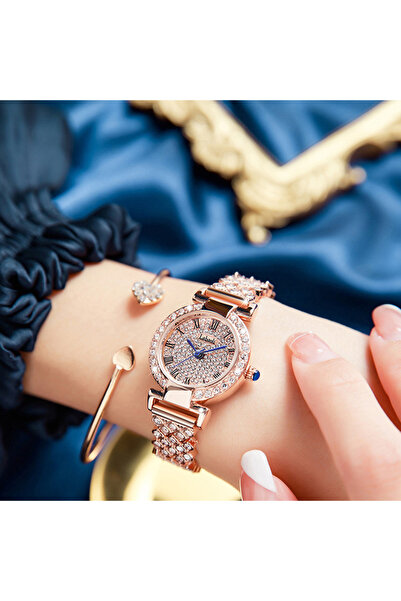 Youtrico ساعة لاباولي للسيدات، ذهب وردي، ساعة دائرية مرصعة بالألماس بالكامل