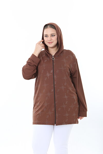 XL Modam Women Stretch Fabric Hooded Stone Printed Brown Plus Size Cardigan