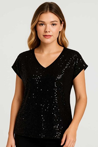 Şans Women's Plus Size Black, Front Sequin Embroidery, Back Viscose Fabric, V-Neck Low Sleeve Blouse 65N39212