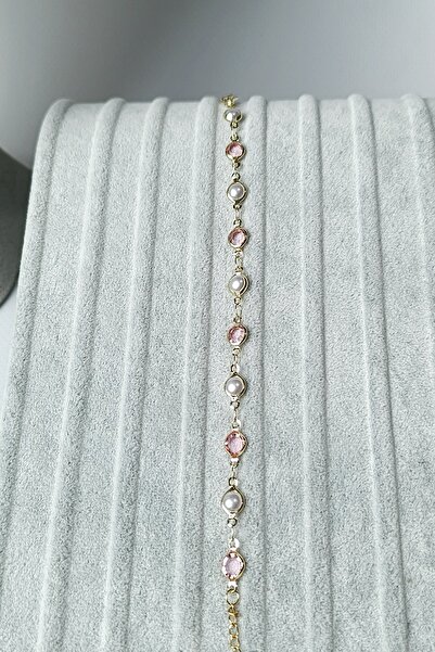 Birmem Kadın Gold Rengi Pembe Kristal Taşlı ve İncili Su Yolu Çelik Bileklik