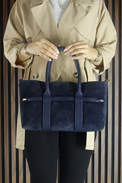 Erkan Saçmacı Navy Blue Genuine Cowhide Suede Zippered Three-Compartment Inner Pocket Medium Size Casual Shoulder Bag with Strap