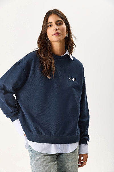 VENA Women's Good Wibes Printed Sweatshirt 100% Cotton - Navy Blue