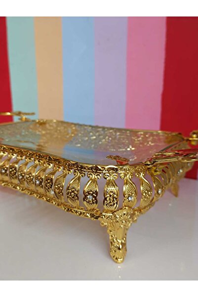 DEKOR ZÜCCACİYE HOME Gold Metal Rectangular Candy Dish with Glass Side Handles and Presentation Plate