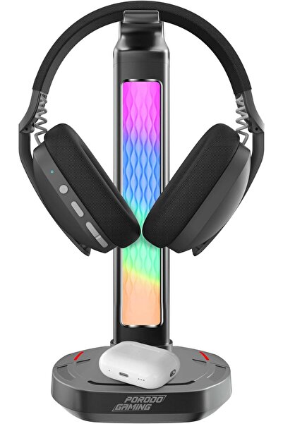 porodo حامل سماعة رأس RGB للألعاب، شحن لاسلكي، ومحور USB-C مع مصباح شاشة 5 وا...