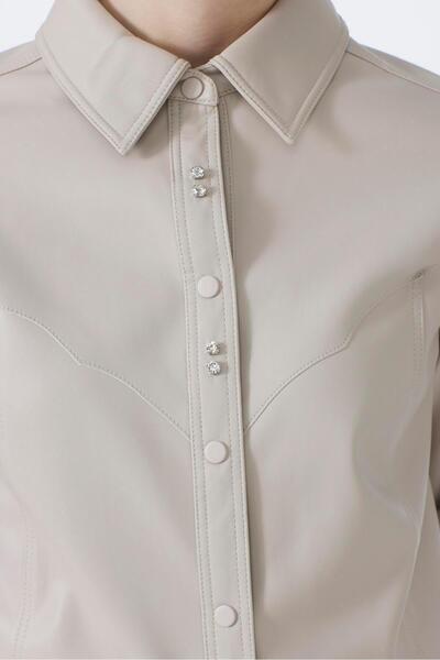 Zühre Stone Leather Tunic with Shirt Collar Accessory Detail T-1598