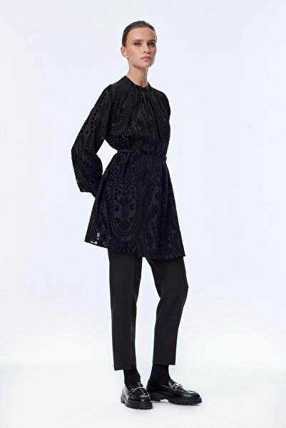 Zühre Patterned Balloon Sleeve Black Blouse B-0137