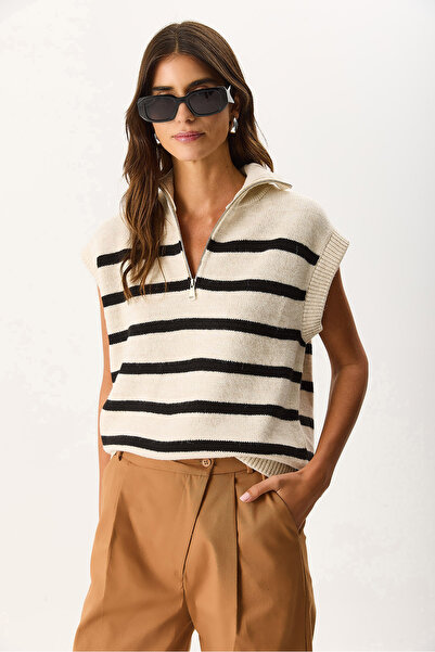 VENA Γυναικείο πλεκτό πουλόβερ με μισό φερμουάρ - Εκρού - Μαύρο ριγέ