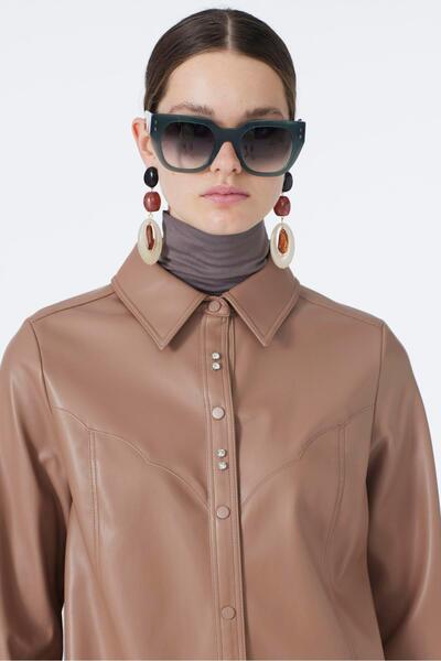 Zühre Camel Leather Tunic with Shirt Collar Accessory Detail T-1598