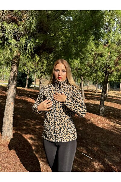 ARZ Women's Front Zipper Leopard Print Winter Fleece Jacket