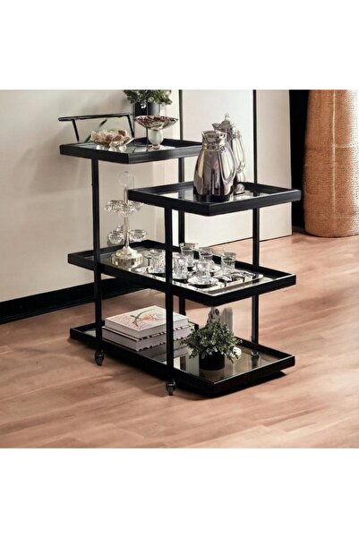 Generic A modern metal service trolley equipped with four glass shelves and wheels for easy movement.