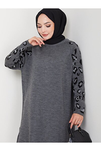 katalya Leopard Patterned Sleeve Detailed Knitwear Set – Gray