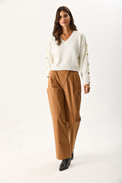 VENA Women's V-Neck Sleeve Button Detailed Knitwear - Ivory