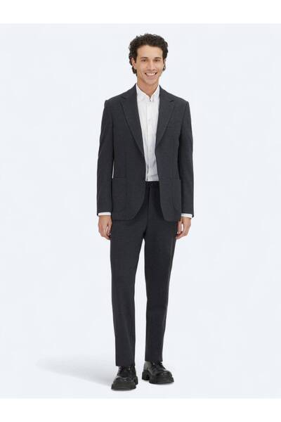 Kip Anthracite Plain Modern Fit Cotton Blend Knitted Suit
