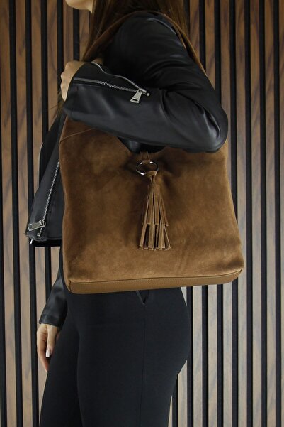 Erkan Saçmacı Caramel Genuine Cowhide Suede Tasseled Magnetic Closure Medium Size Daily Shoulder Bag