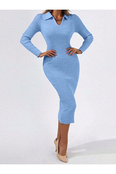 Kokosh moda Kadın Uzun Kollu Yakalı Triko Elbise, Günlük, Şık Ve Rahat Tasarım