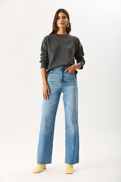 VENA Women's Wanda Extra High Waist Med Blue Wide Leg Jean Pants 100% Cotton - Med Blue