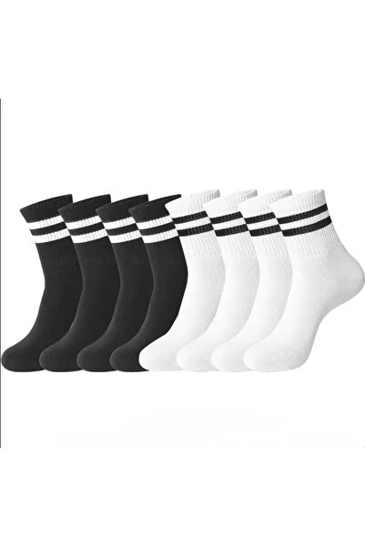 Vast Unisex Black and White Hoop Tennis College Cotton Socks 8-Pack (4 Pairs White, 4 Pairs Black)