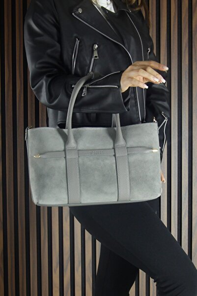 Erkan Saçmacı Gray Genuine Calf Suede Zippered Three-Compartment Inner Pocket Medium Size Daily Shoulder Bag with Strap