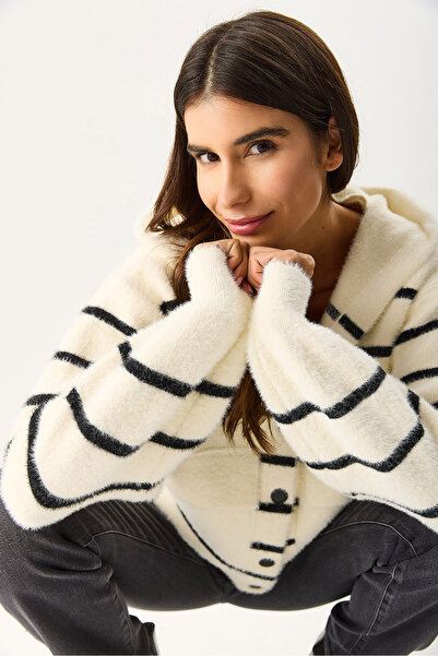 VENA Kadın Kapüşonlu Önü Çıt Çıtlı Triko Ceket - Fildişi - Siyah Çizgili