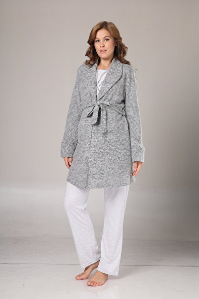 LOHOUSE Women's Gray Jacquard Cotton Winter Maternity Dressing Gown 3-Piece Pajama Set